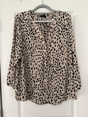 Tahari Beige Blouse with Black Spot Print